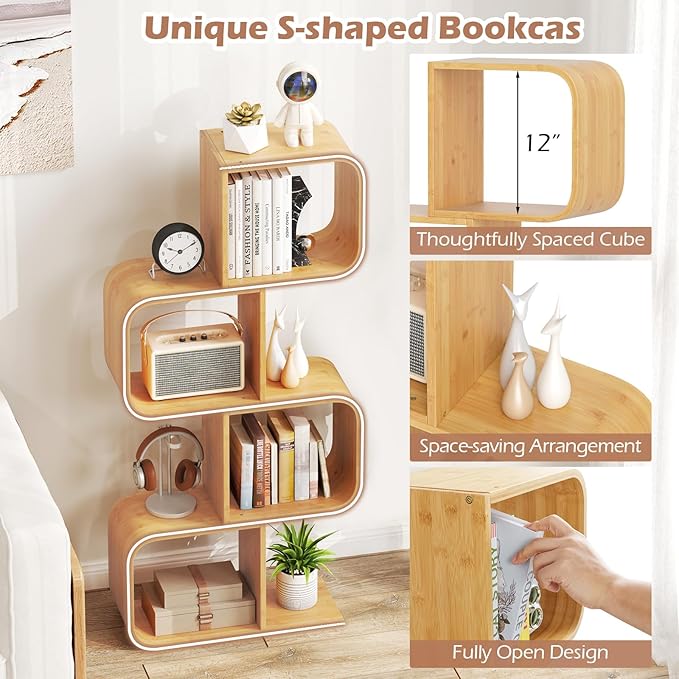 Giantex S-Shaped Bookcase, 4-Tier Bamboo Bookshelf with 4 Open Cubes, Geometric Corner Display Shelf, Decorative Storage Organizer, Floor Storage Rack for Living Room, Home Office, Natural