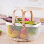 IBWell Square Metal Wire Woven Fruit Storage Bowl Basket with Wooden Handle, Large Black Mesh Fruit Stand, Multi-function Hanging Kitchen Baskets (White, Extended)