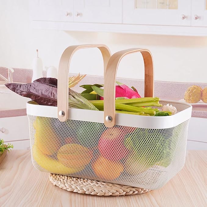 IBWell Square Metal Wire Woven Fruit Storage Bowl Basket with Wooden Handle, Large Black Mesh Fruit Stand, Multi-function Hanging Kitchen Baskets (White, Extended)