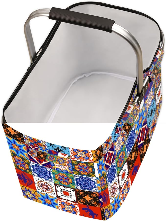 Boho Collapsible Market Basket, Mexican Talavera Tile Leakproof Folding Collapsible Portable Picnic Basket Strong Aluminum Frame for Travel, Shopping, Camping & Lake Trips