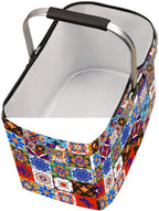 Boho Collapsible Market Basket, Mexican Talavera Tile Leakproof Folding Collapsible Portable Picnic Basket Strong Aluminum Frame for Travel, Shopping, Camping & Lake Trips