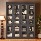 70.8" Bookshelf with Glass Doors, Farmhouse Modular Bookcase with 6-Tier Adjustable Shelves, Large Storage Cabinet for Living Room & Home Office, Set of 4, Black