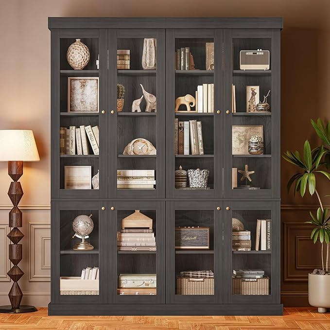 Vyre 70.8" Tall Black Bookshelf with Glass Doors, Farmhouse Modular Bookcase with 6-Tier Adjustable Shelves, Large Storage Cabinet for Home Office, Living Room, Set of 2