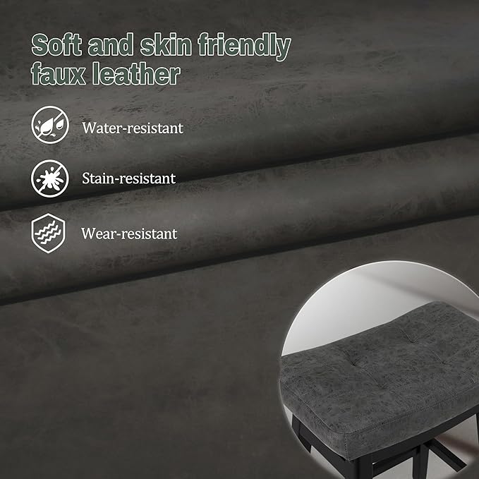 Counter Height Bar Stools Set of 3 for Kitchen Counter Farmhouse Modern Barstools with Faux Leather Upholstered Backless Seat and Solid Wood Legs 24 inch Bar Chairs, Grey + Black