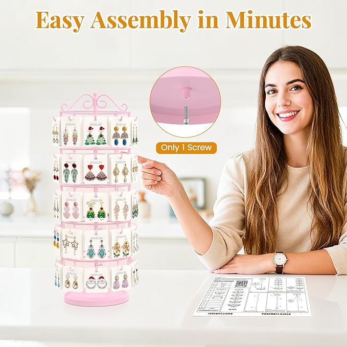 EsLuker.ly Earring Holder Organizer Rotating Display Tree Stand, Adjustable Height Earring Card Hanger Rack with 50 Hooks for Vendors Market Selling, 5 Tier Metal Jewelry Storage Tower, Pink