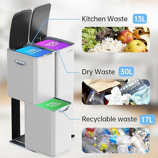 mVm Kitchen Trash Can, 60 Liter / 16 Gallon 3-in-1 Garbage Can for Wet/Dry Waste Sorting, Recycling Bin with Foot-Pedal, Soft-Close,Anti-Fingerprint,Stainless Steel Trash Can for Kitchen,Living Room
