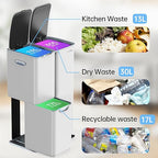 mVm Kitchen Trash Can, 60 Liter / 16 Gallon 3-in-1 Garbage Can for Wet/Dry Waste Sorting, Recycling Bin with Foot-Pedal, Soft-Close,Anti-Fingerprint,Stainless Steel Trash Can for Kitchen,Living Room
