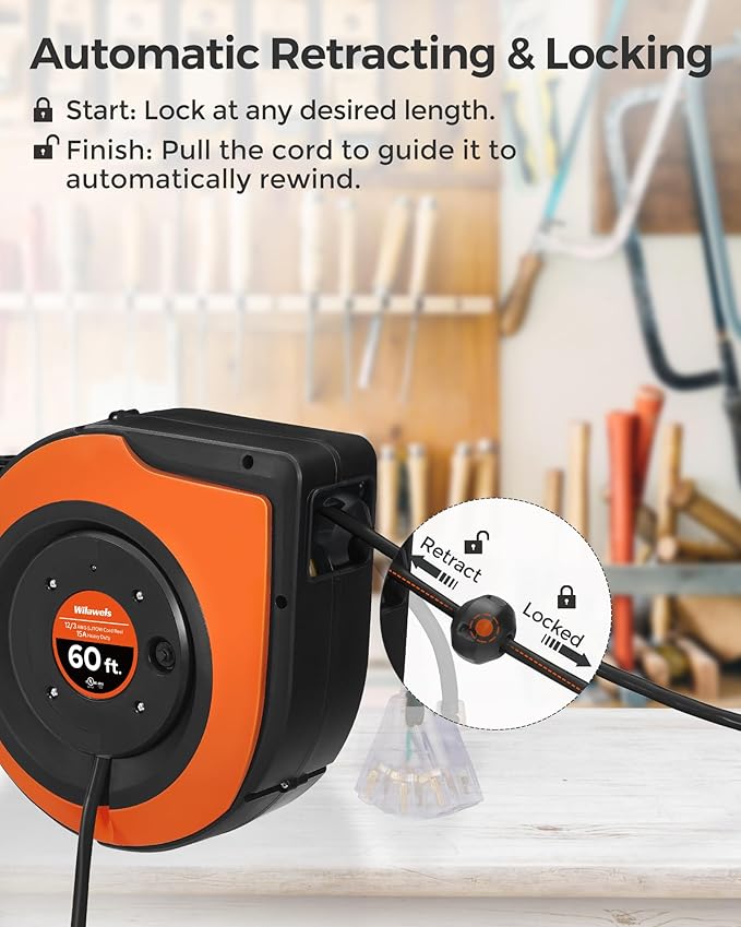 Retractable Cord Reel, 60 FT Heavy Duty Extension Cord, 12AWG/3C SJTOW, 3 Grounded Outlets Lighted Triple Tap, 15A Circuit Breaker, Wall/Ceiling Mounted, UL Listed, Orange B60CR06