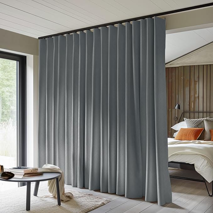 Room Divider Curtains Total Blackout Privacy Curtain Panel Room Thermal Insulated Noise Reduction Curtains for Bedroom Window Living Room Ceiling Track Curtain W 15 ft × H 8 ft Dark-Grey