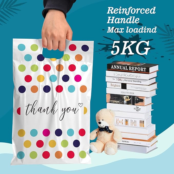 JinRuiKJ Poly Mailers with Handle 10x13 Inch 100 Pcs, Easy to Carry Packaging Bags for Small Business, Thank You Shipping Bags with Self Adhesive Strip, Tearproof and Waterproof - Colorful Polka Dot