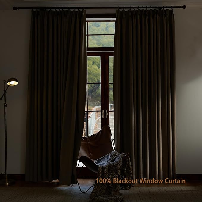 Textured Linen Double Pleats 100% Blackout Curtains for Bedroom/Living Room Blackout Curtains 108 Inches Long, Energy Saving Window Treatment Curtains,52Wx108Lx2,Sand Beige