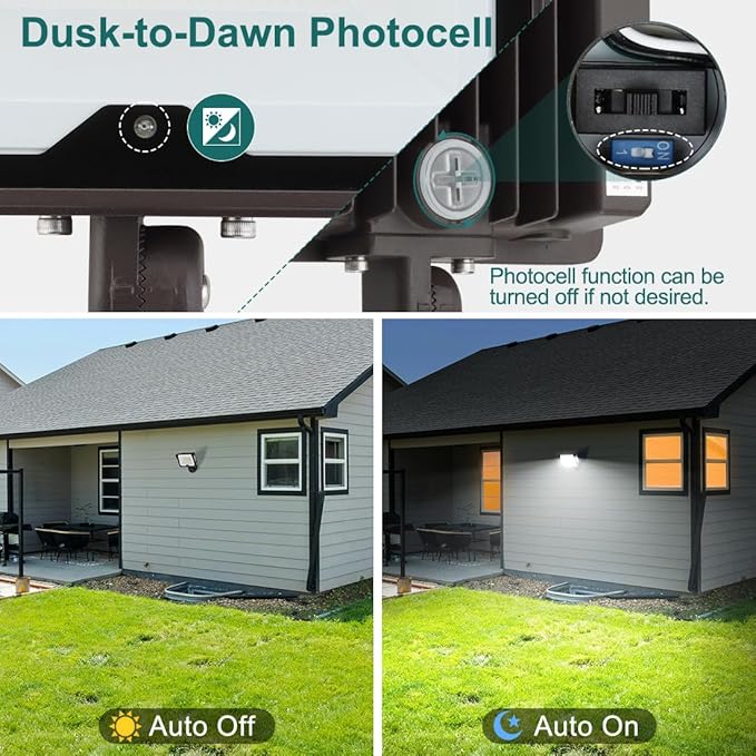 kadision 55W LED Flood Light with Dusk-to-Dawn Photocell, 3000K/4000K/5000K Selectable, 120V 6600lm IP65 Waterproof Knuckle Mount Outdoor Security Lights, ETL Listed, 2-Pack