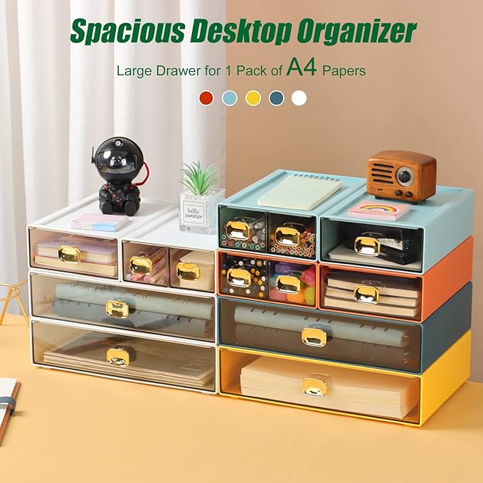 Spacious Desktop Storage Box, 1 Large 1 Middle & 2 Small Storage Drawers, Stackable Office Desk Drawer Organizer and Accessories, Printer Paper Organizer, Yellow Plastic Drawers for Workspace