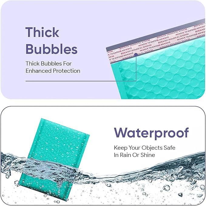 Teal 7.25x12 Inch Poly Bubble Mailers #1 | Self Seal Padded Envelopes | Air Cushioned Bubble Mailer | Usable Size 7.25x11 Inch | 100 Pack Bulk | Waterproof | Lightweight Mailing Shipping Bags