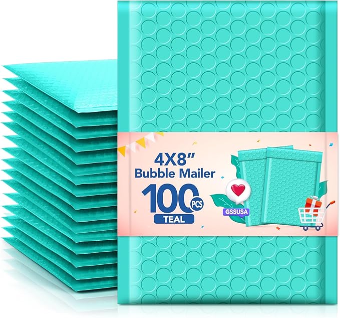 GSSSUSA Bubble Mailers 4x8 Inch 100 Pack Padded Envelopes Usable Size 4x7 Inch Shipping Envelopes Self Seal Small Packaging Shipping Bags for Mailing Jewelry, Small Business, Teal