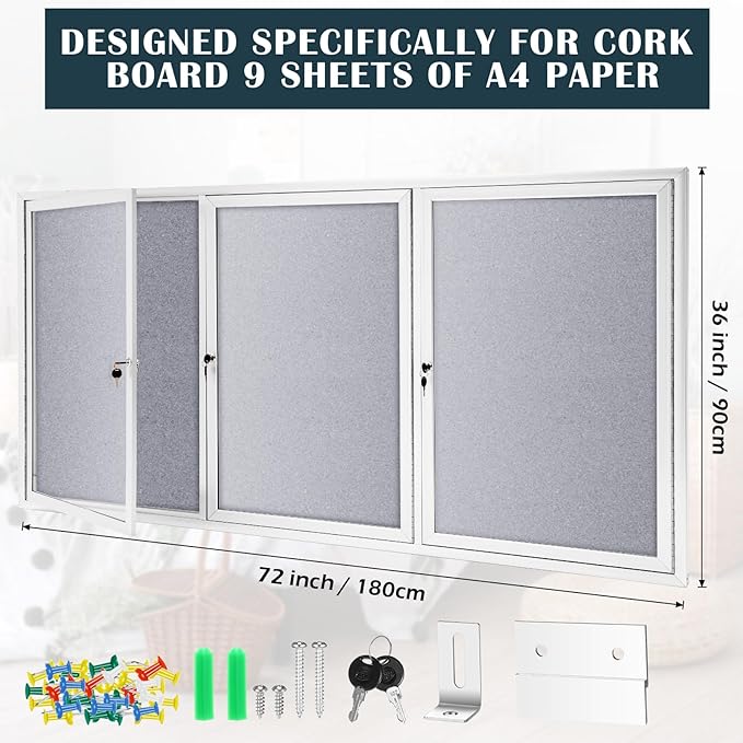 Enclosed Bulletin Board 72" x 36" Weather Resistant Lockable 3 Door Weatherproof Wall Mounted Enclosed Cork Board Aluminum Frame Display Case for Office, School, Commercial, 18xA4(Gray)