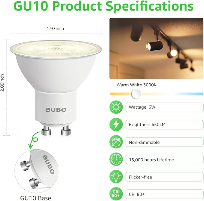 BUBO GU10 LED Bulb 6W Equivalent 50W, 3000K Warm White 650 Lumens, Non-Dimmable GU10 Bulb Replacement for Track Lighting, MR16 LED Bulb for Kitchen, Range Hood, Living Room, Bedroom, 10 Pack