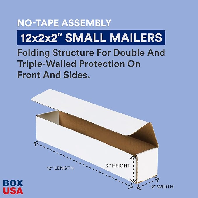 Box USA Small Box Mailers 12x2x2" White (Pack of 50) Corrugated Cardboard Box Mailer for Packing, Moving, Storage | Bulk Gift Box or Product Packaging for Small Business, Home, FBA