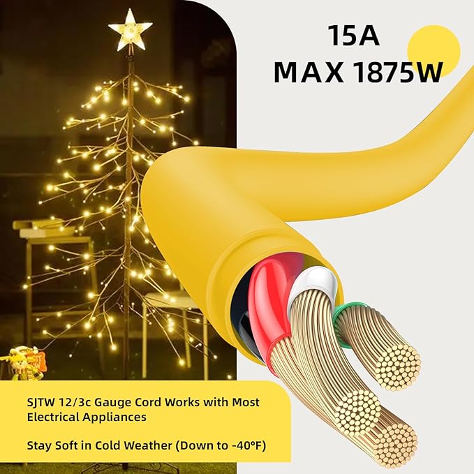 EP 12 Ft Outdoor Extension Cord, 12/3 SJTW Heavy Duty Extension Cable with 3 Prong Grounded Plug, 15 AMP Power Cord for Lawn, Garden, Appliances, Yellow
