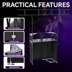 Portable DJ Booth,Foldable DJ Table Stand with Light Stand White & Black Scrim,Adjustable DJ Facade Booth Station Triangle Plate Metal Frame DJ Table with Cable Hole for Private Events, Clubs, Bars
