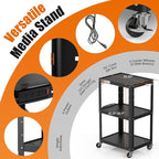 3 Shelf Metal Utility Cart - Durable Computer Cart on Wheels with Power Strip,Height Adjustable AV Presentation Cart Stand for Movie Projector,TV and Laptop Computers,Easy to Assemble, Black