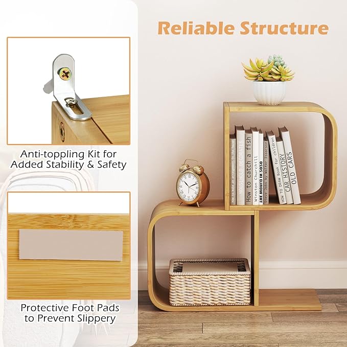 Giantex S-Shaped Bookcase Set of 2, 2-Tier Bamboo Bookshelf with 2 Open Cubes, Geometric Corner Display Shelf, Decorative Storage Organizer, Floor Storage Rack for Living Room, Home Office, Natural