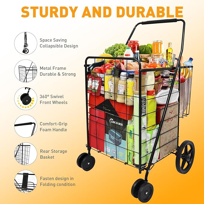 Folding Shopping Cart, Jumbo Grocery Cart with Double Baskets, 360° Swivel Wheels, Heavy Duty Utility Cart, 132 LBS Large Capacity Utility Cart for Groceries Laundry Book Luggage, Black