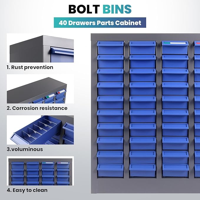 40 Drawers Parts Cabinet for Nuts, Bolts, Screws, Nut and Bolt Organizer with ABS Material Drawer, Bolt Bin Tool Storage Cabinet in Workshop, Garage, Office (40 Drawers)