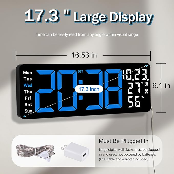 JoFomp 17.3" Large Digital Wall Clock, LED Digital Clock Large Display with Remote Control, Alarm Clock with Temp/DST/Dimmer/Humidity/Timer/Ambient Light - 12/24H, Alarm Wall Clock for Bedroom