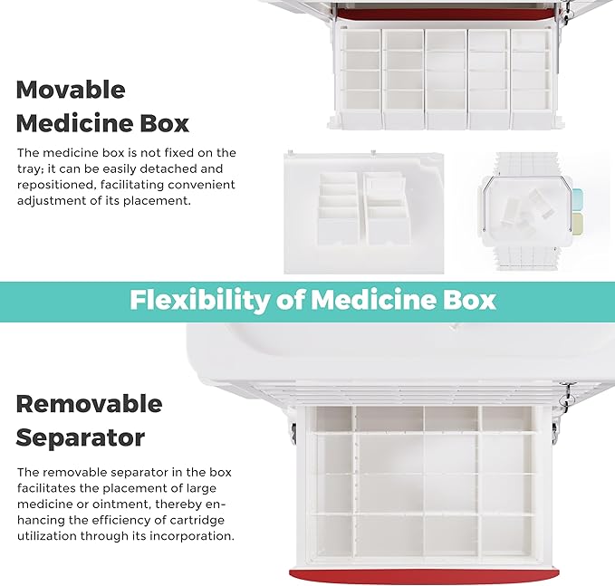 Medication Bins Cart with 200 Bins, 10 Drawers - Dual-Sided Open, 50 Medicine Boxes, Hidden Sub Workbench, Silent Casters, Container, 2 Trash Bin-Medical Crash Cart for Clinic, Hospital and Lab
