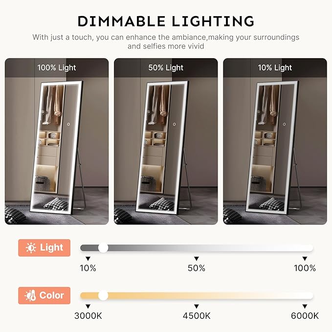 Kosmonia 65x24 Full Length Mirror, Dimmable 3 Color LED Light w/Light Memory, Distortion Free Silver Coating Mirror, HD Reflection &Anti Desilvering,Tempered Glass &Shatter Proof Film Doubles Safety