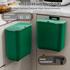 2.4 Gallon Hanging Trash Can - Small Under Sink Trash Can with Lid, Wall Mounted Garbage Bin for Kitchen & Bathroom Cupboard, Odor-Control, Extended Clamping Ring, Green