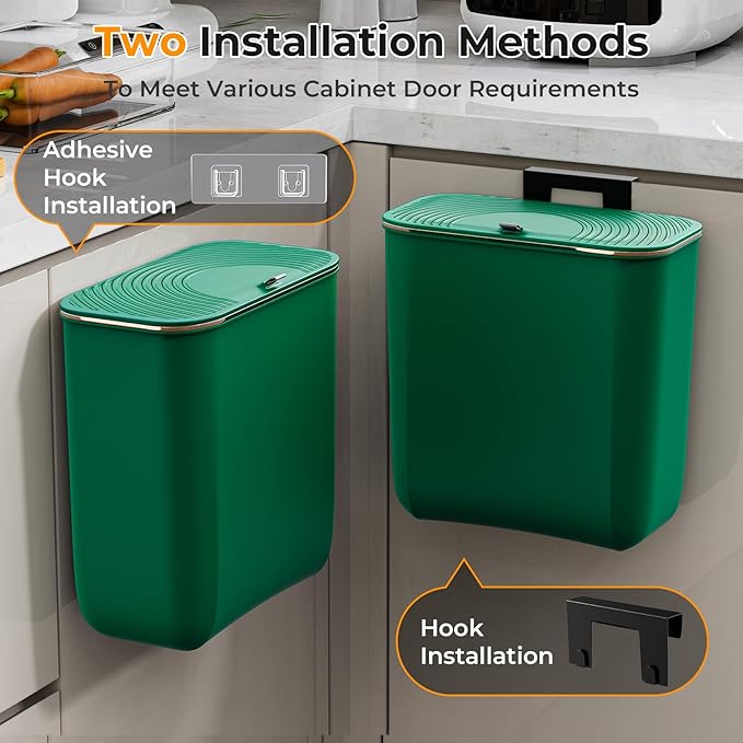 2.4 Gallon Hanging Trash Can - Small Under Sink Trash Can with Lid, Wall Mounted Garbage Bin for Kitchen & Bathroom Cupboard, Odor-Control, Extended Clamping Ring, Green
