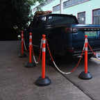 6 Pack 40" inch Work Zone Chain Post Set, Traffic Delineator Post Cones with Reflective Tapes, 6 x 6.6' Feet Plastic Chains, Portable Crowd Control Stanchion Set (Red-Water Filled Base)