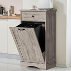 13 Gallons Tilt Out Trash Cabinet Freestanding Kitchen Trash Bin Cabinet Wood Garbage Recycling Cabinet with Hideaway Drawer Pet Proof Trash Can Holder for Kitchen Living Room, Grey