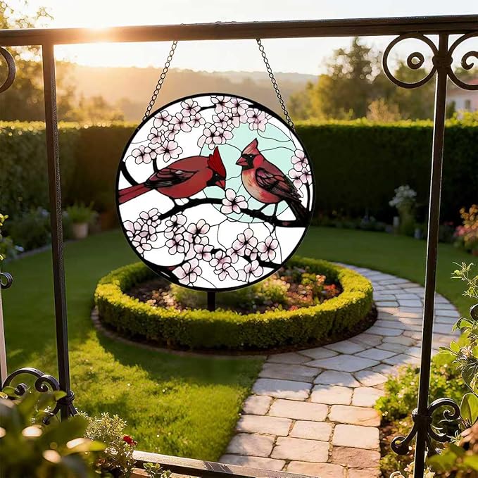 Stained Glass Window Hanging, Cardinal Sun Catcher Glass Panel with Metal Chain, 7.88’’ Indoor/Outdoor Art Decor for Home Garden, Women, Birthday, Christmas, Mother's Day