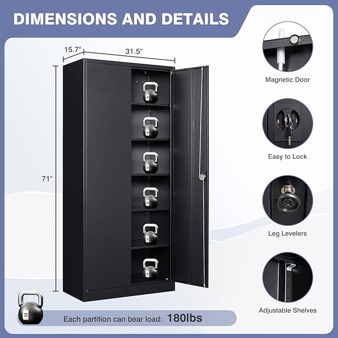Metal Garage Storage Cabinet with Locking Doors,Steel Tool Cabinets with Adjustable Shelves for Home,Office,Garage,Warehouse Organisieren(Black)