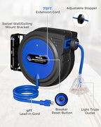 75 FT Retractable Extension Cord Reel, Heavy Duty Extension Cord, 14AWG/3C SJTOW, 3 Grounded Outlets Lighted Triple Tap, 10A Circuit Breaker, Wall/Ceiling Mounted, ETL Listed, Blue U75ACR06