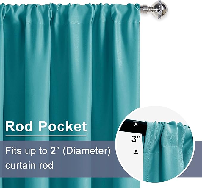 JIUZHEN Blackout Curtains for Bedroom - Thermal Insulated Noise Reducing Privacy Short Curtain for Living Room, Set of 2 Panels with Tiebacks, 42 x 54 inches Long, Turquoise