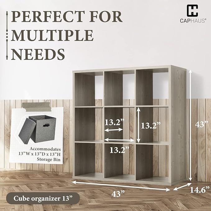 Fencer Wire 13-Inch Cube Storage Organizer Shelf, with Extra Thick Exterior Edge, Room Open Storage Shelf Divider, Bookcase, 6-Cube / 8-Cube / 9-Cube, Colors Available in Rustic Grey Oak and White