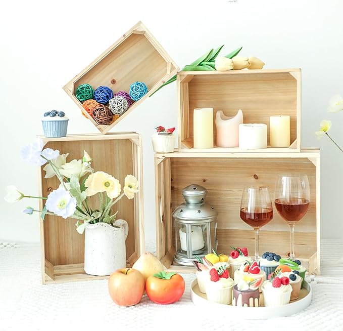 Large Wooden Crates Unfinished Set of 4 Decorative Storage Box with Handles, Rustic Farmhouse Wooden Crates for Display, Living Room Container Basket Box for Kitchen, Pantry, Bedroom