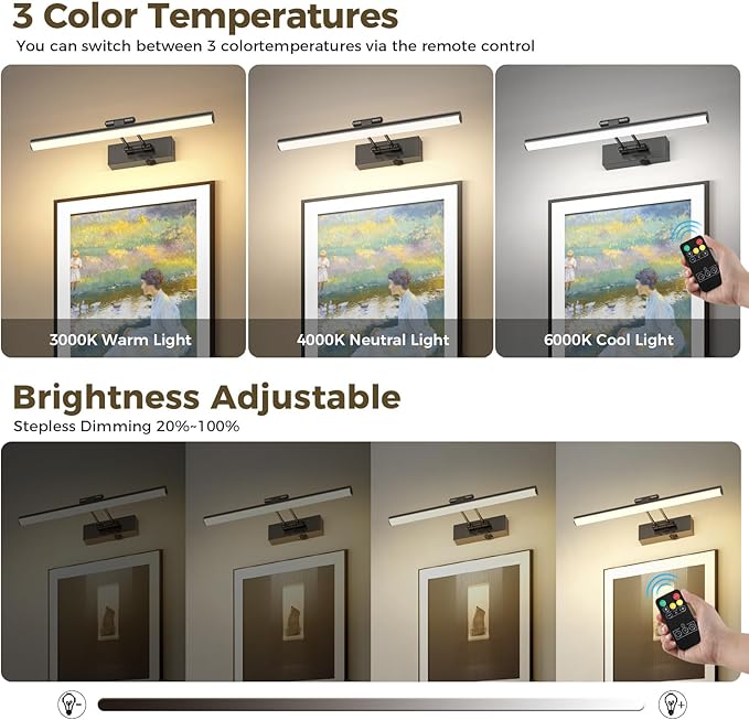 JUSHENG Battery Operated Picture Lights for Wall Brushed Grey 3CCT Dimmable Gallery Lights with Remote and Timer Wireless Painting Lights for Artwork, Display, Portraits 15.35'' Inch 3W