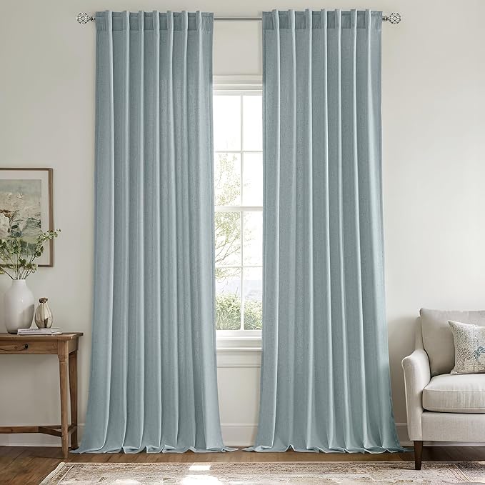 MIULEE Non-See-Through Privacy Linen Curtains 2 Panels, Light Filtering Window Curtains Farnhouse Textured Back Tab Semi Sheer Drapes for Bedroom Living Room, 52 x 96 Inches Long, Stone Blue