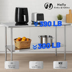 Hally Stainless Steel Table for Prep & Work 18 x 48 Inches, NSF Commercial Heavy Duty Table with Undershelf and Galvanized Legs for Restaurant, Home and Hotel