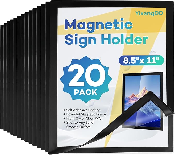 YixangDD 20 Pack Magnetic Sign Holder 8.5 x 11, Self-Adhesive Magnetic Wall Mount Sign Holder, Magnetic Document Holder for Wall Window Office Poster Store