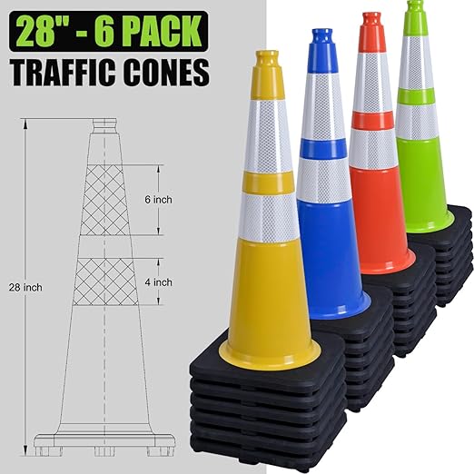 6 Pack 28" Inch Large PVC Traffic Cones with Heavy-Duty Black Base, High-Visibility All-Weather Safety Cones for Road Construction, Parking Lot, Garage Use (6, Green, 28" Large)
