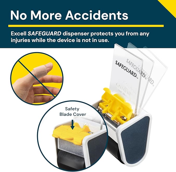 Excell Safeguard Packing Tape Dispenser with 1 Roll Transparent Tape, 2 Inch Wide Tape Gun with Pushflap Technology for Effortless Packaging, Box & Carton Sealing