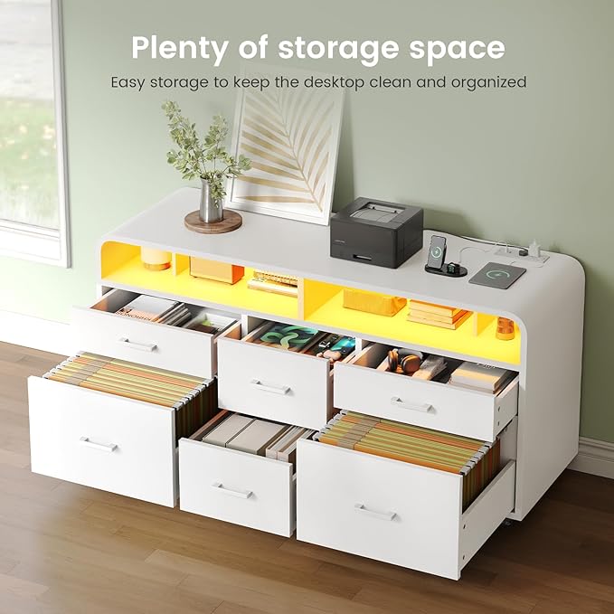 SEDETA 6 Drawer File Cabinet with Power Strip, 47" Wood Mobile Lateral Filing Cabinet fits Legal/Letter/A4 Size for Home Office, Printer Stand with Storage Shelf and Led Lights, White