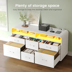 SEDETA 6 Drawer File Cabinet with Power Strip, 47" Wood Mobile Lateral Filing Cabinet fits Legal/Letter/A4 Size for Home Office, Printer Stand with Storage Shelf and Led Lights, White