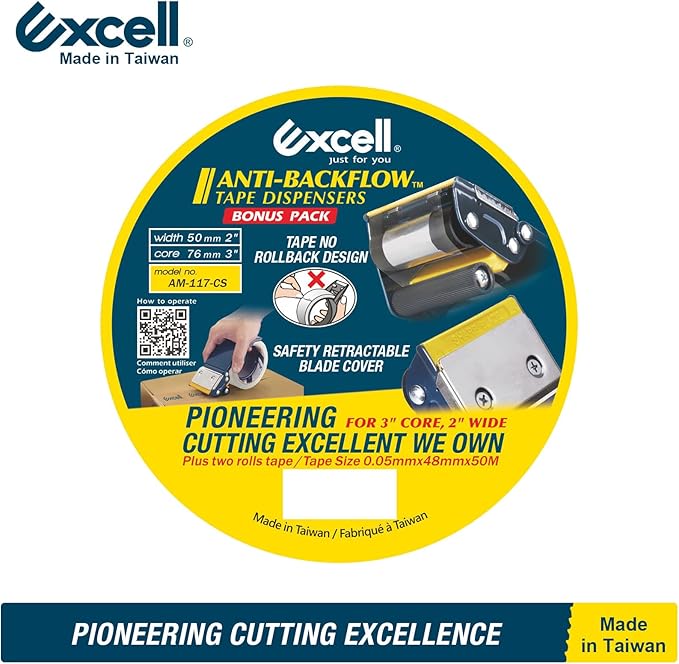 Excell ET-22686 Anti-Backflow Metal Packaging Tape Dispenser (2" Wide) with 2 Roll Tapes for Packaging, Transportation, Moving and Box Sealing Carton (Tape Gun + 2 Tapes)